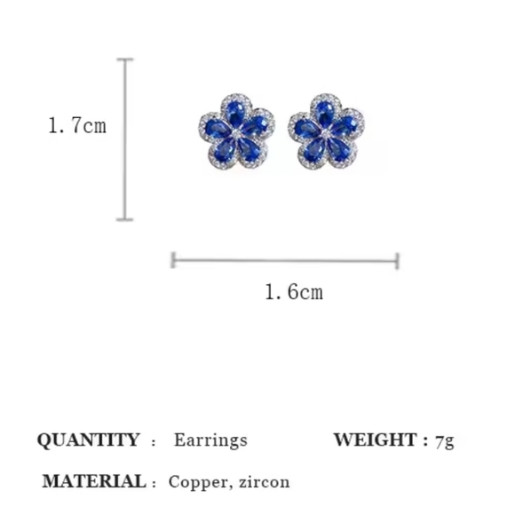 Blue Zircon Flower Stud Earrings 🌸 Sparkly Elegant Jewelry - Picture 6 of 7